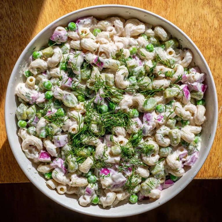 Overhead view of the creamy dill pickle pasta salad served in a clear glass bowl, garnished with extra fresh dill.