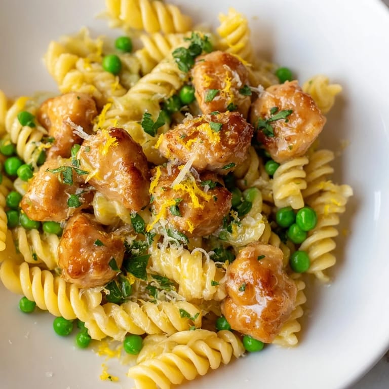 A close-up view of al dente pasta twirling with tender chicken, bright peas, and melted Parmesan in a savory garlic butter coating.