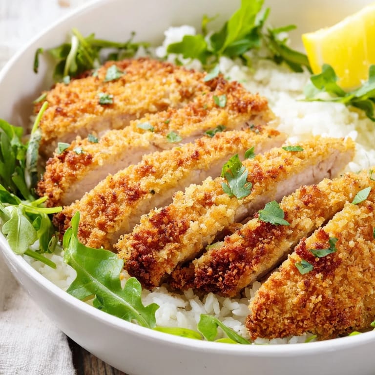 Crispy Parmesan Chicken Cutlet Bowl featuring crunchy chicken strips on rice with fresh greens.