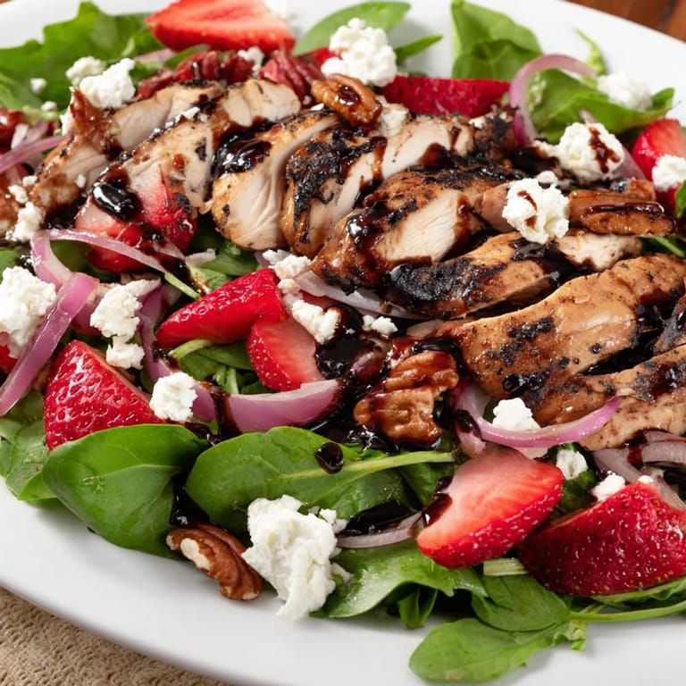A vibrant bowl of Strawberry Balsamic Chicken Salad with creamy feta, toasted pecans, and sliced red onion on a bed of greens.