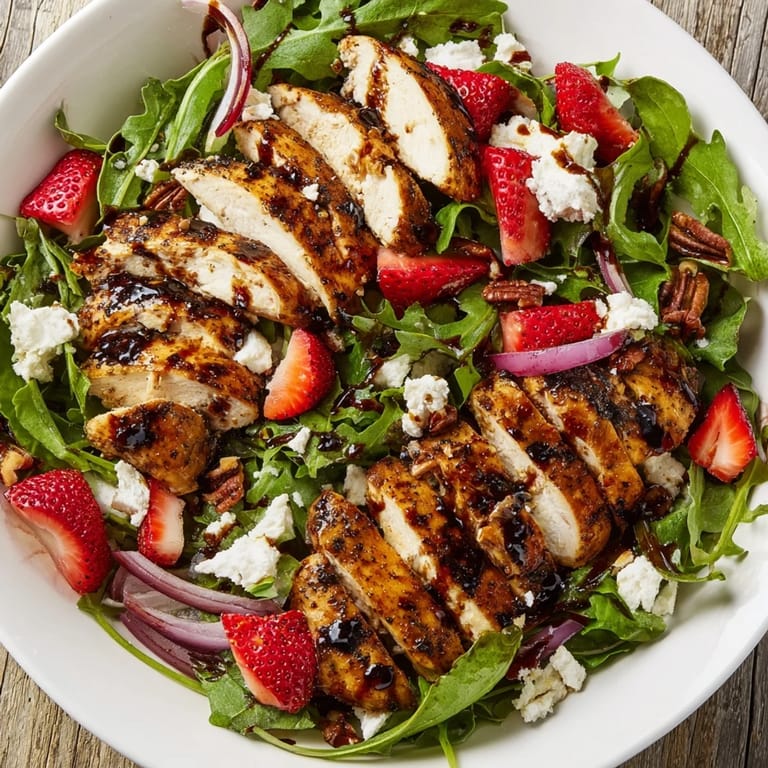 Close-up of juicy grilled chicken and sweet strawberries on mixed greens, finished with a tangy glaze in this Strawberry Balsamic Chicken Salad.