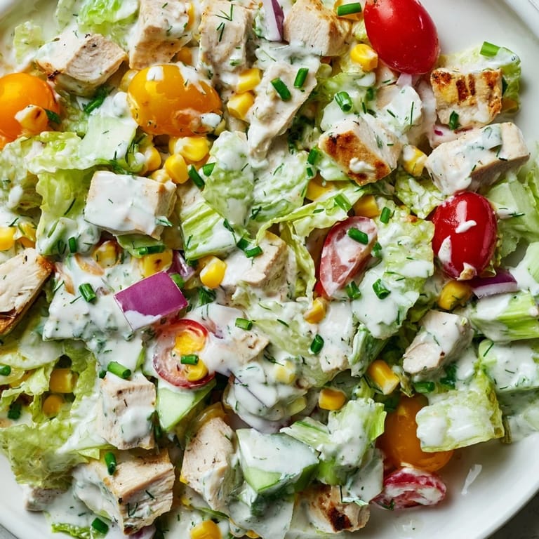 Ready-to-serve Ranch Chicken Chopped Salad garnished with chives, showcasing diced cucumber and red onion for a colorful, hearty meal.