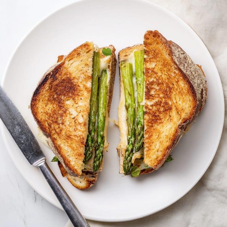 Freshly grilled Asparagus & Brie Grilled Cheese oozing with creamy cheese, served beside a crisp green salad.