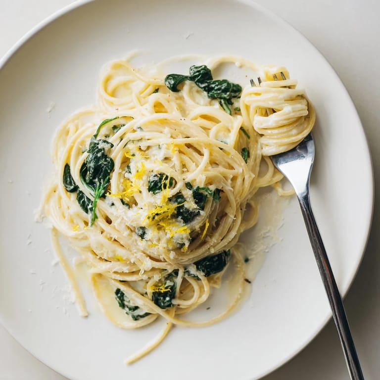 Vibrant plate of Creamy Lemon Spinach Spaghetti with bright green spinach and creamy sauce, garnished with freshly ground black pepper and a lemon wedge.