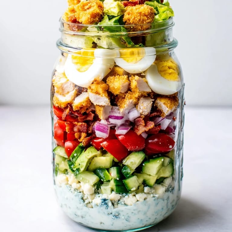 Colorful Crispy Chicken Cobb Jar Salad with vibrant cherry tomatoes, diced cucumber, crumbled blue cheese, and hard-boiled egg, ready for a convenient and delicious on-the-go lunch.