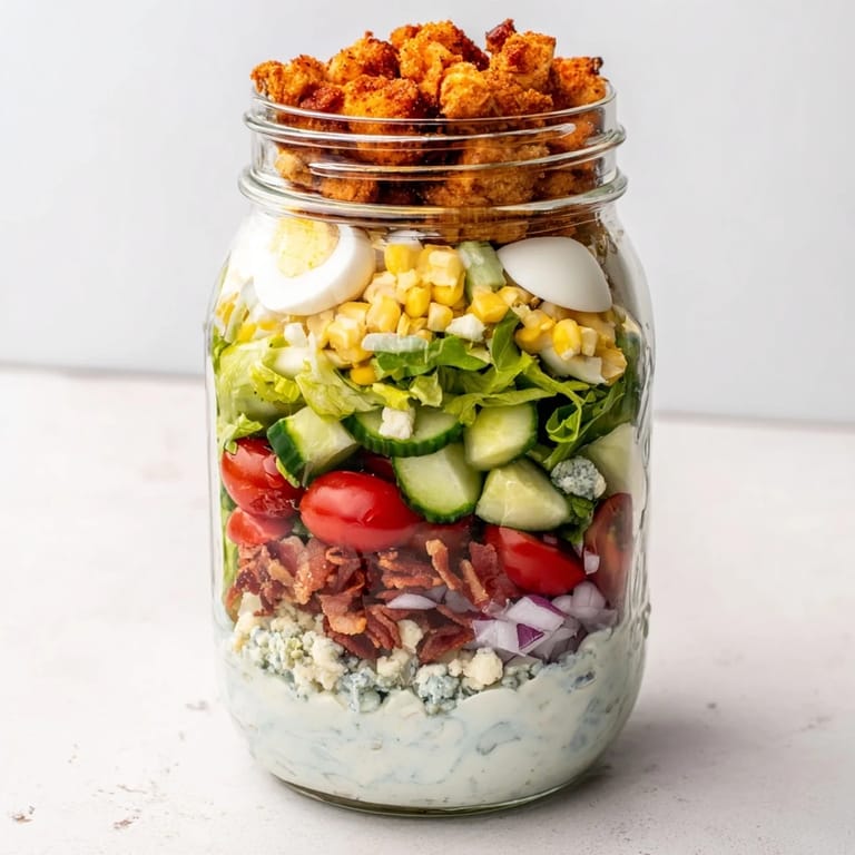 Serving suggestion for Crispy Chicken Cobb Jar Salad, showing a mason jar packed with crispy chicken, creamy avocado, and a tangy dressing, perfect for a quick meal.