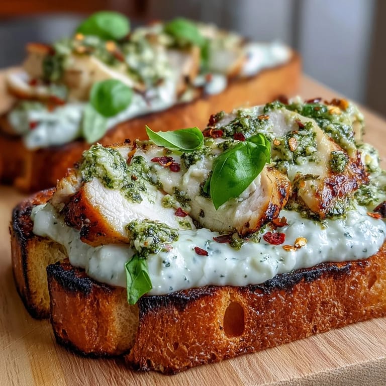 Pesto Chicken Burrata Toast features golden bread, juicy chicken slices, and melted burrata for a quick Italian bite.  