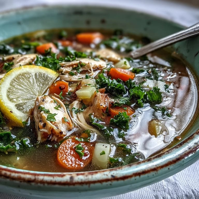 Nourishing High Protein Lemon Turmeric Chicken Soup, vibrant with tender kale.