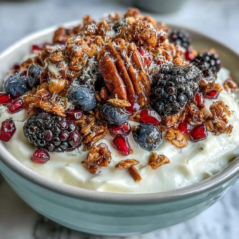 Jewel-toned berries and cinnamon crunch crown this delicious yogurt bowl.