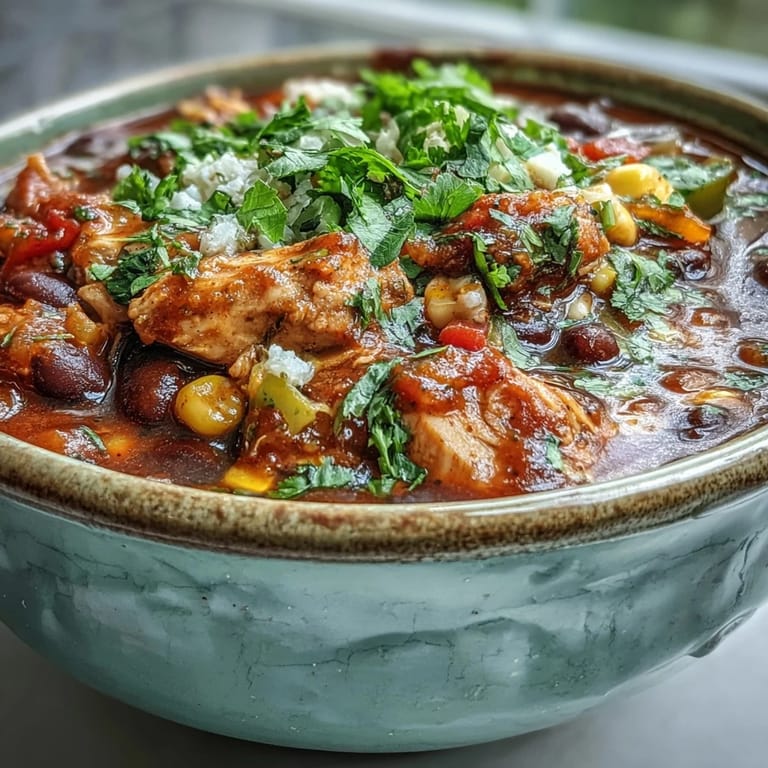 Close-up on Southwestern Turkey Soup showing shredded turkey, black beans, and sweet corn in a rich broth.