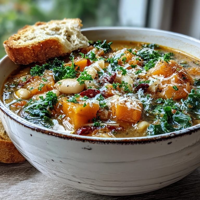 Serving of vegetarian Winter Minestrone Soup with a slice of crusty bread for dipping, garnished with Parmesan.