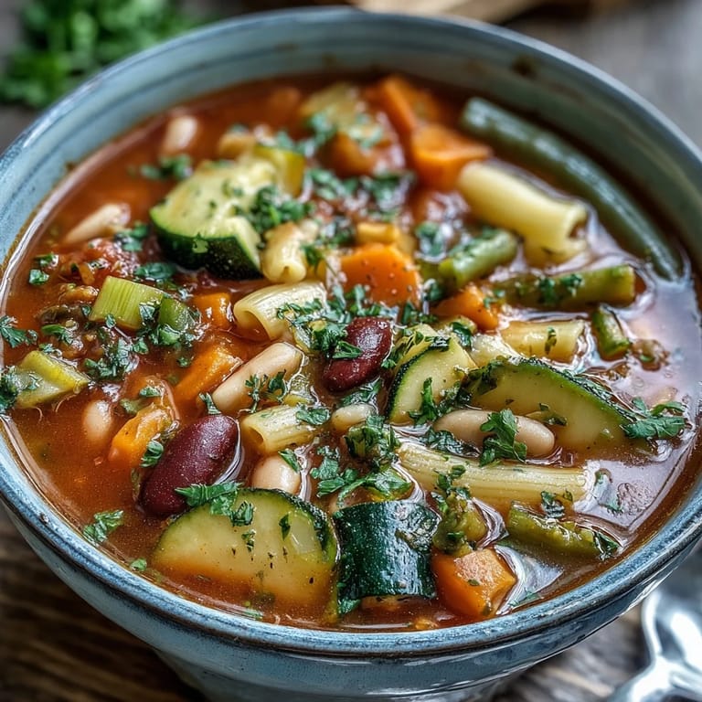 Heartwarming Italian Minestrone Soup, garnished with fresh parsley, ready to enjoy on a cozy evening dinner table.