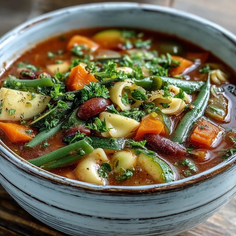 Homemade Minestrone Soup ladled from a large pot, showcasing tender veggies and beans in a rich tomato broth.
