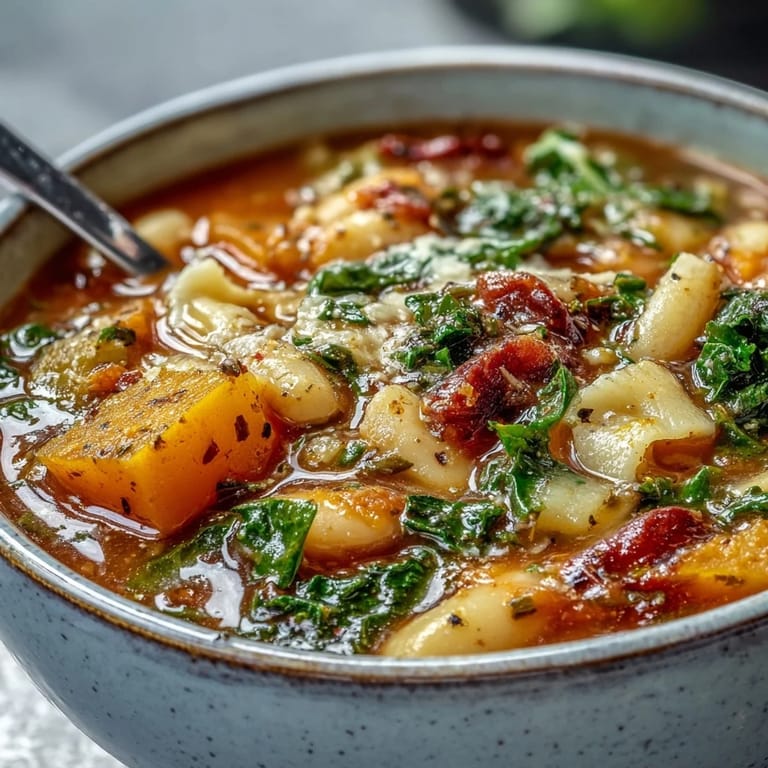Winter Minestrone Soup with Butternut Squash and Kale ladled into a rustic bowl, revealing beans, pasta, and vibrant vegetables. 
