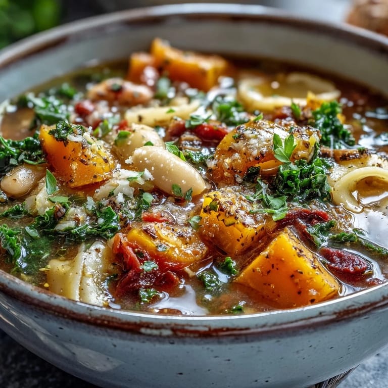 Close-up of Winter Minestrone Soup with Butternut Squash and Kale, highlighting tender kale and sweet squash in a rich tomato broth.