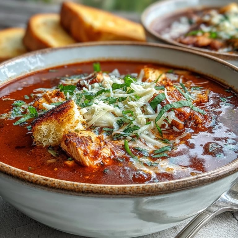 Golden grilled chicken pieces simmer in tomato broth with carrots, celery, and herbs.