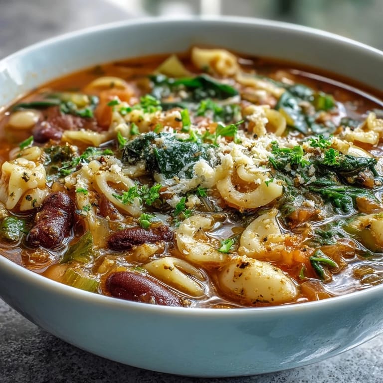 Warm Minestrone Soup served in a rustic bowl topped with Parmesan and parsley.