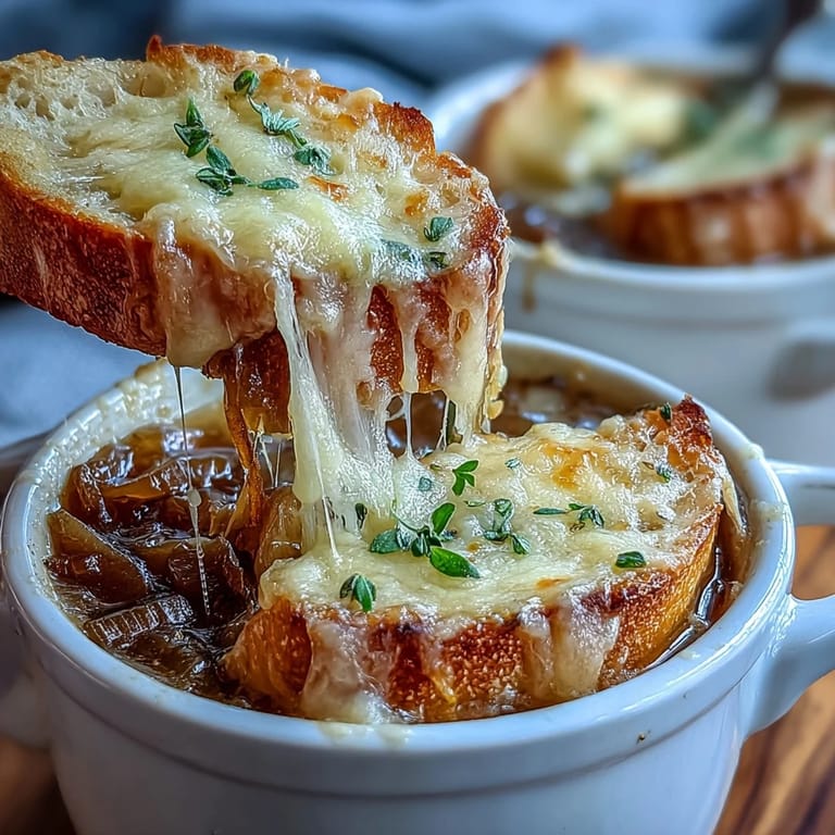 Served in a ramekin, the Dutch Oven French Onion Soup features a crusty baguette slice under bubbling, browned cheese.