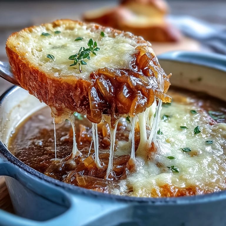 Steam rises from a bowl of Dutch Oven French Onion Soup, showcasing deep broth, thyme, and toasted bread.