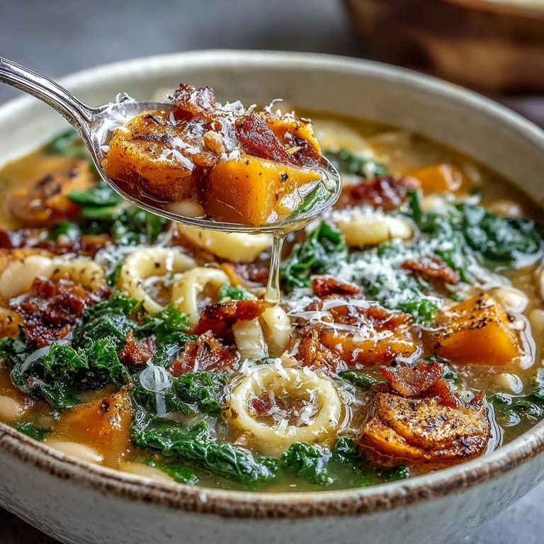 Hearty Fall Minestrone served in a bread bowl with kale and butternut squash.