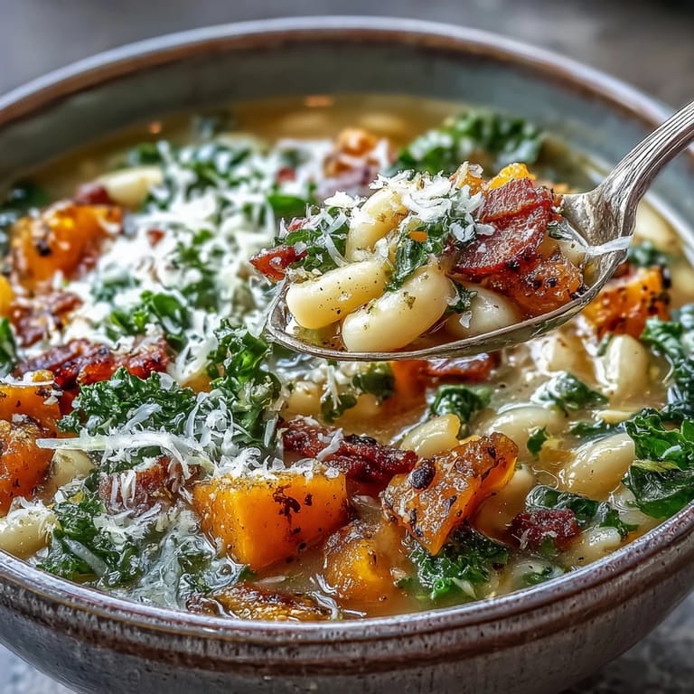 A ladle of Fall Minestrone with ditalini pasta, white beans, and kale garnished with parsley.