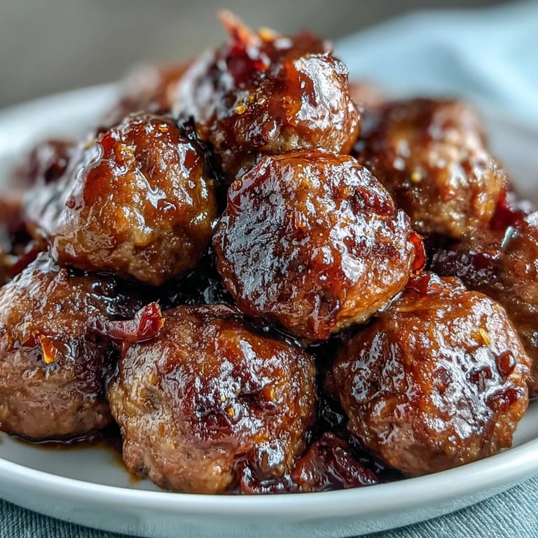 A bowl of savory Peach Glazed Meatballs, garnished with parsley and red pepper flakes, ready to be served over fluffy rice.