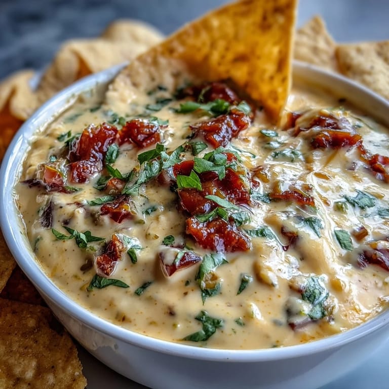 Homemade Tex-Mex Queso Dip with diced jalapeños and tomatoes, served alongside golden tortilla chips on a wooden table.