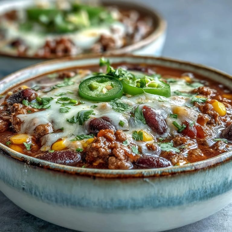 Taco Soup with seasoned beef, beans, and corn served in rustic bowls.