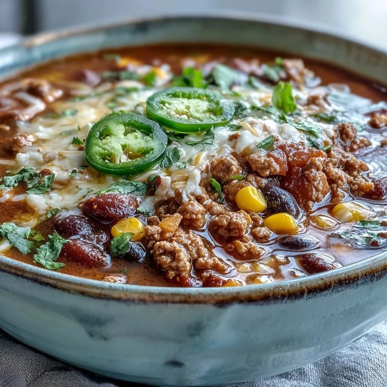 Hearty Taco Soup with shredded cheddar, jalapeños, and crunchy tortilla chips.