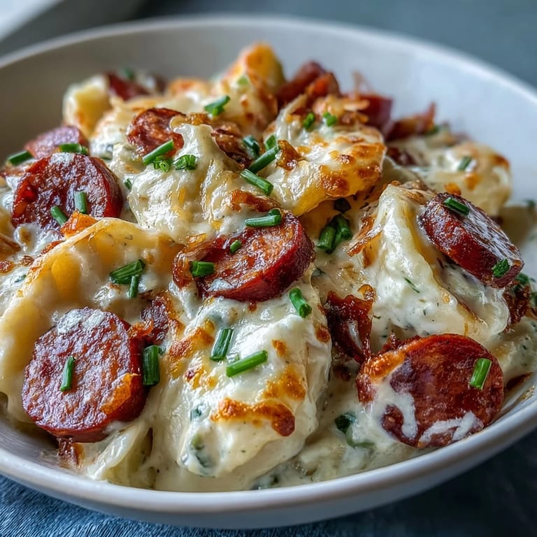 A fork lifts a cheesy portion of Crockpot Pierogi Casserole with Kielbasa next to a bowl of sour cream.