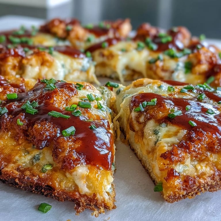Savory Buffalo Chicken Pizza topped with blue cheese crumbles, fresh chives, and a drizzle of tangy buffalo sauce on a rustic board.