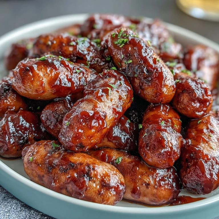 Savory Crock Pot BBQ Cocktail Sausage served warm from the slow cooker, garnished with fresh parsley for an easy appetizer.