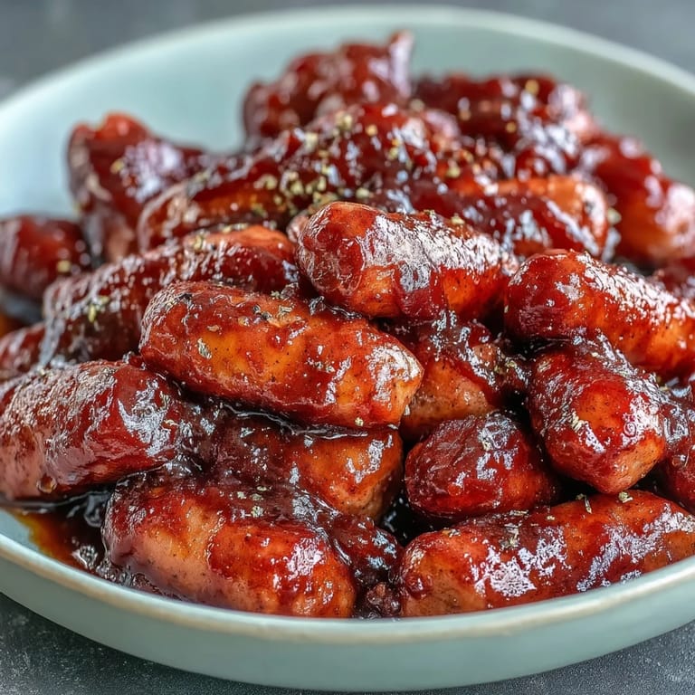 Gluten-free Crock Pot BBQ Cocktail Sausage with sticky, tangy sauce, perfect with toothpicks alongside crispy potato chips on a napkin.