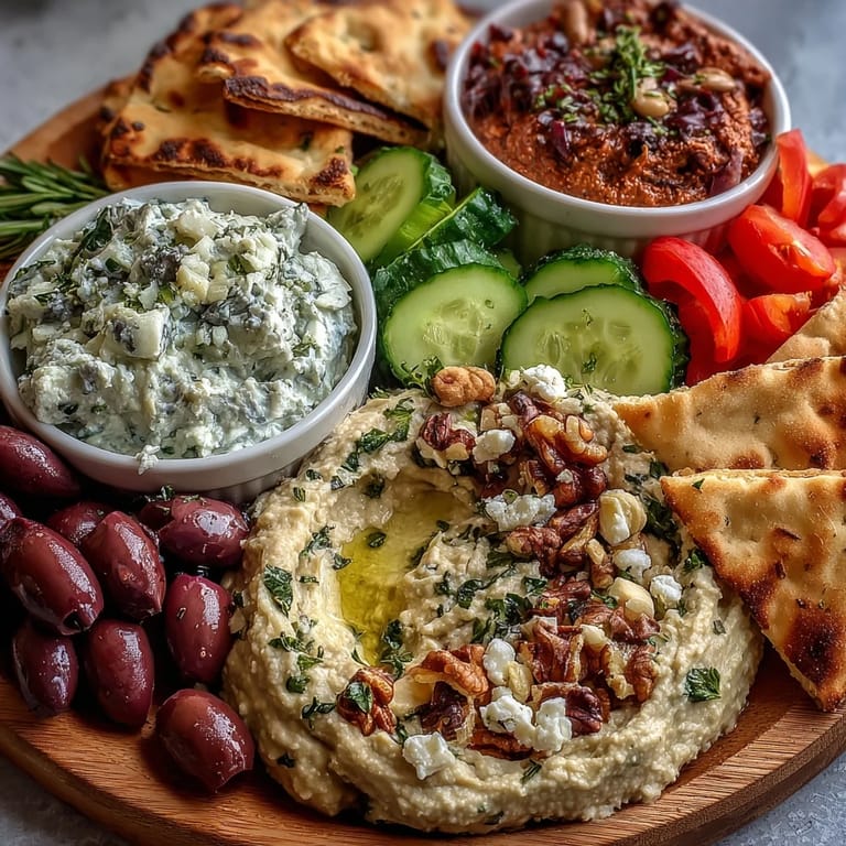 Close-up of a Mediterranean Brunch Board with smooth hummus, crunchy nuts, and fresh herbs, ready for a delicious vegetarian appetizer spread.