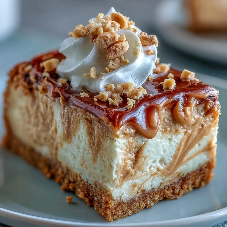 A whole Nutter Butter cheesecake in a springform pan features a rich peanut butter swirl and a dollop of whipped cream on top.