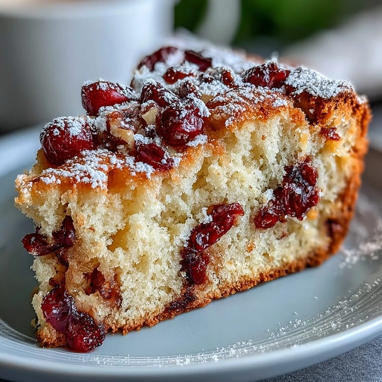 Moist Cranberry Orange Breakfast Cake with golden crust, ready to slice for a cozy brunch with coffee or tea.