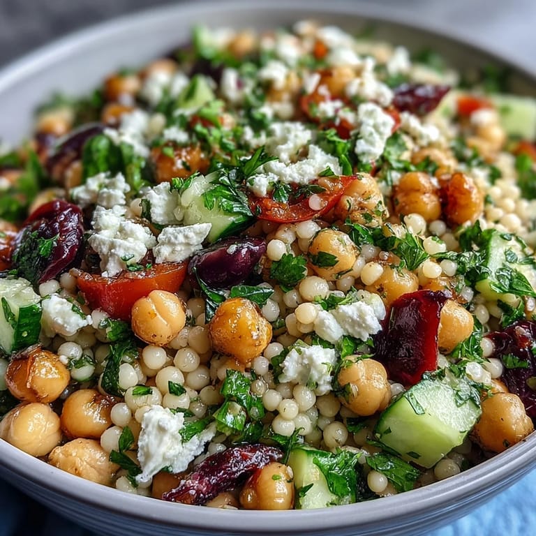 This Mediterranean Pearl Couscous salad features halved cherry tomatoes, kalamata olives, and fresh parsley, served as a vibrant vegetarian lunch.