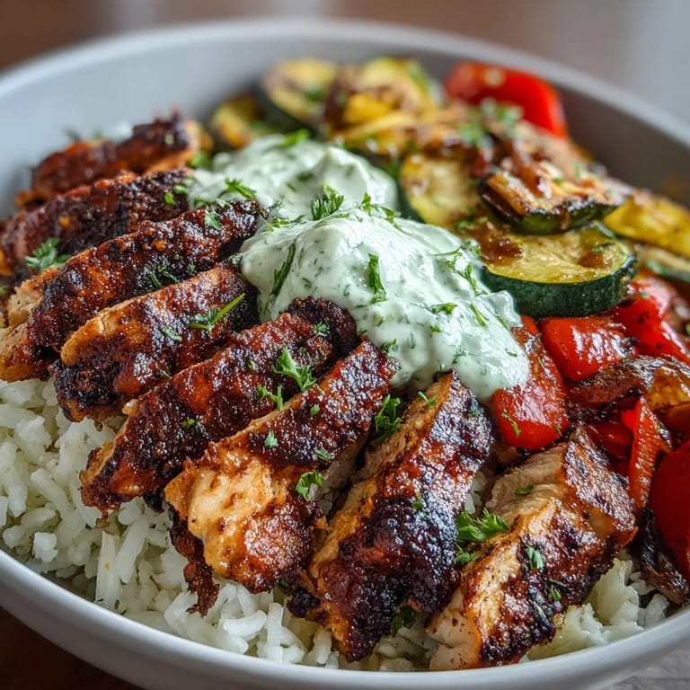 Tender, spice-crusted chicken rests over rice and peppers in a Blackened Chicken Bowl, garnished with fresh cilantro and lime.