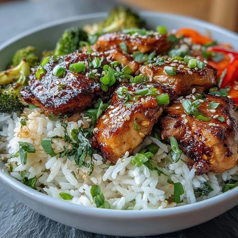 A hearty Chicken and Rice Bowl served in a bowl, showcasing seasoned chicken and vegetables over steamed rice.