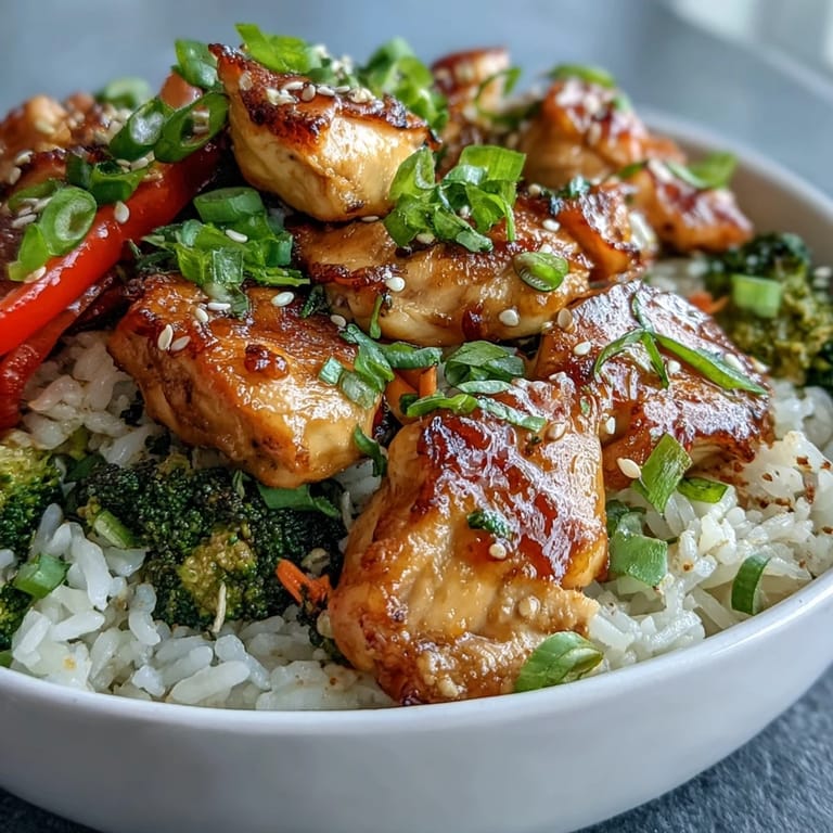 Overhead view of a Chicken and Rice Bowl, featuring golden chicken, colorful vegetables, and a garnish of green onions.