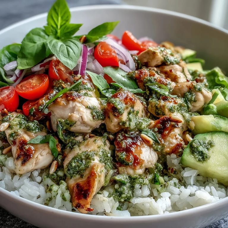 Golden-brown chicken pieces marinated in pesto, topped with tomatoes and avocado in a bright bowl.  