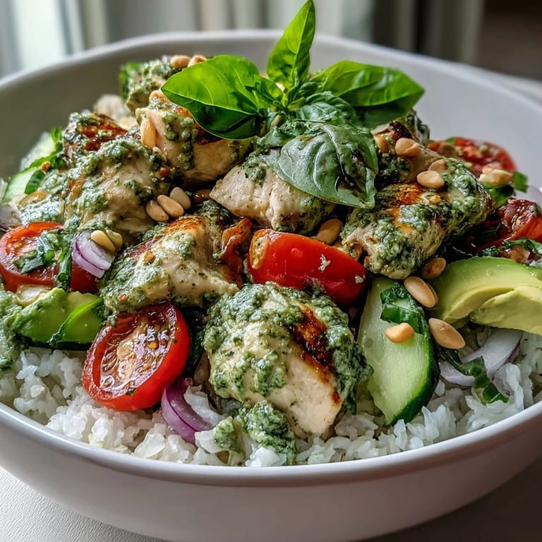 A hearty Pesto Chicken Bowl with juicy chicken, spinach, and pine nuts over steamed rice.
