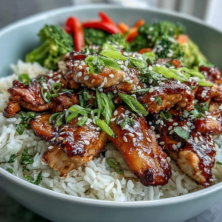 Glossy, sticky honey garlic chicken pieces nestled over steamed jasmine rice with vibrant green broccoli and orange carrot slices.