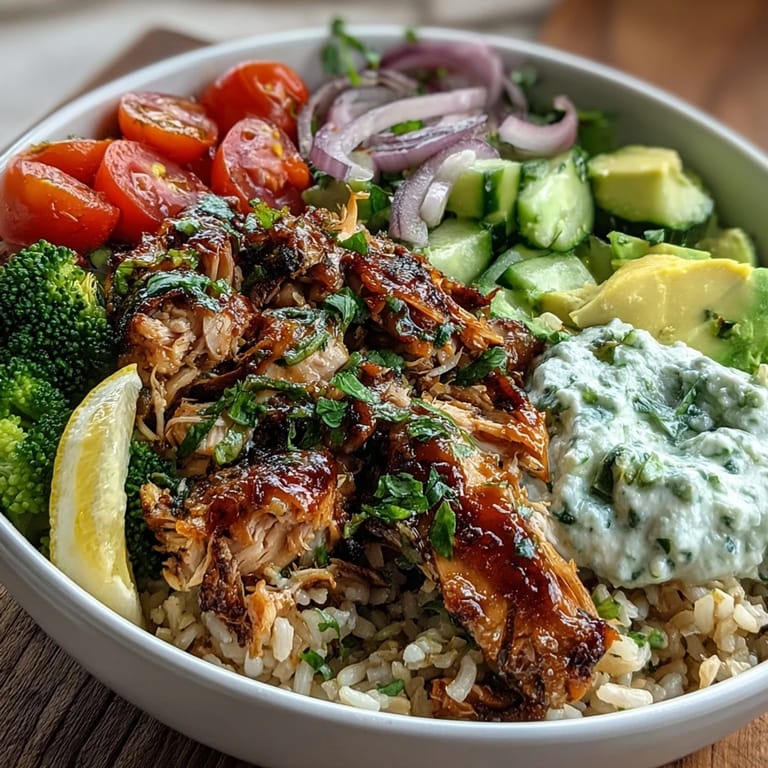 Customizable Rotisserie Chicken Bowl featuring tender chicken, cherry tomatoes, and cucumber, drizzled with sriracha mayo and herbs.