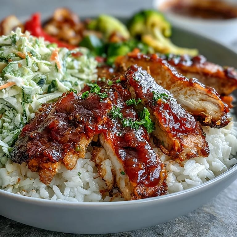 A wholesome BBQ Chicken Bowl garnished with roasted red peppers and zucchini, ready for a family dinner.