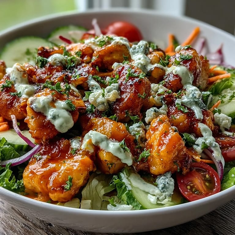 A vibrant Buffalo Chicken Bowl featuring juicy buffalo chicken, crunchy veggies, and creamy ranch drizzle over rice.  