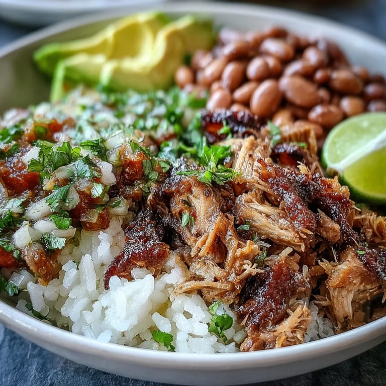 A hearty serving of slow-cooked pork carnitas layered with pinto beans, cilantro, and a lime wedge for a fresh squeeze of zest.