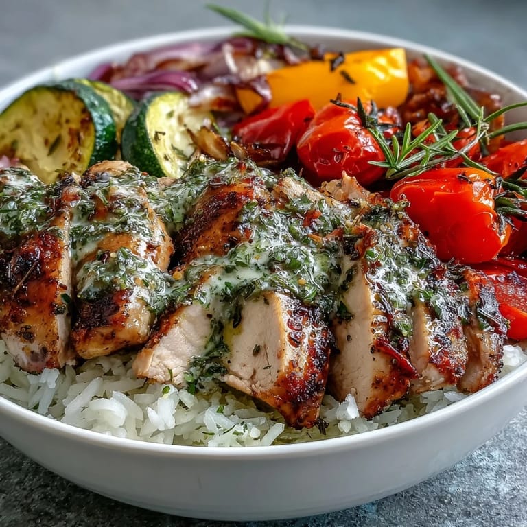 Bright roasted vegetables and tender Lemon Herb Roasted Chicken sit atop rice, finished with a zesty lemon drizzle.