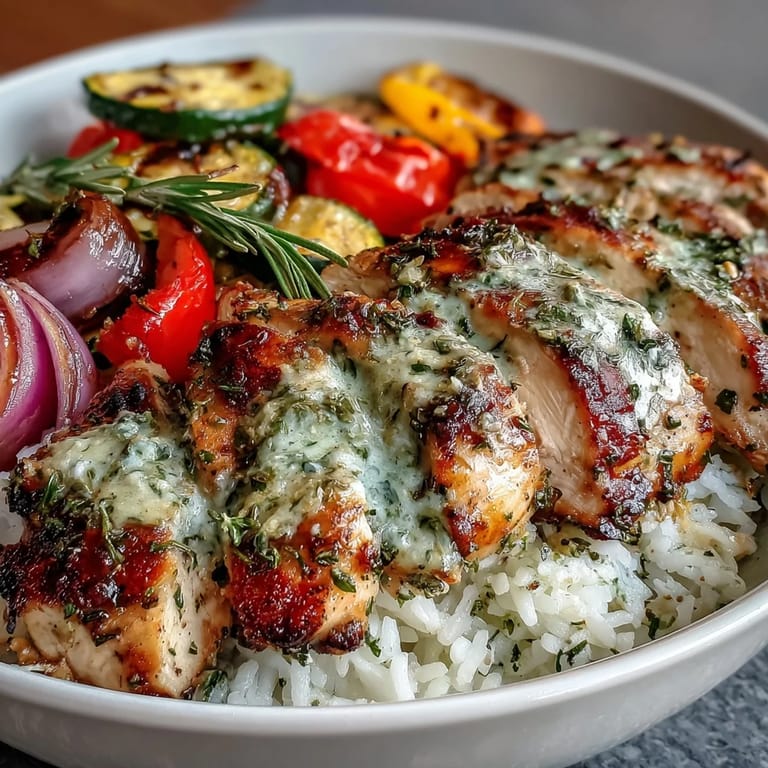 A vibrant Lemon Herb Roasted Chicken bowl features juicy chicken, roasted veggies, and fluffy rice with fresh herbs.