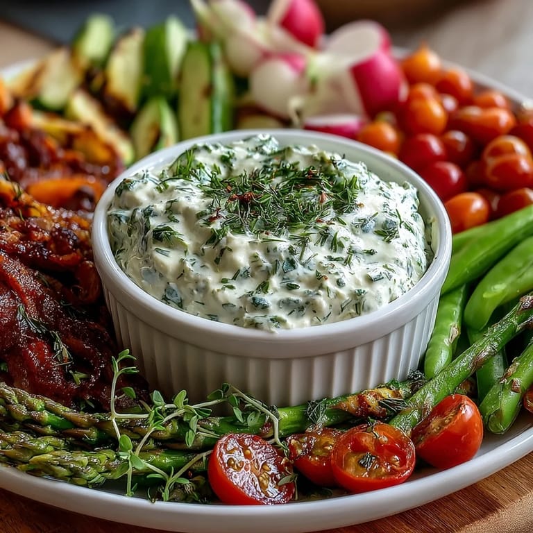Fresh radishes, snap peas, and carrots arranged with a creamy herb dip on a rustic serving board.